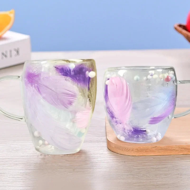 250/350ML Double Wall Coffee Mug with Handles Clear Milk Cups Gifts Glass Cup Household Office Fill Simulation Feather Teacup Oasis Select