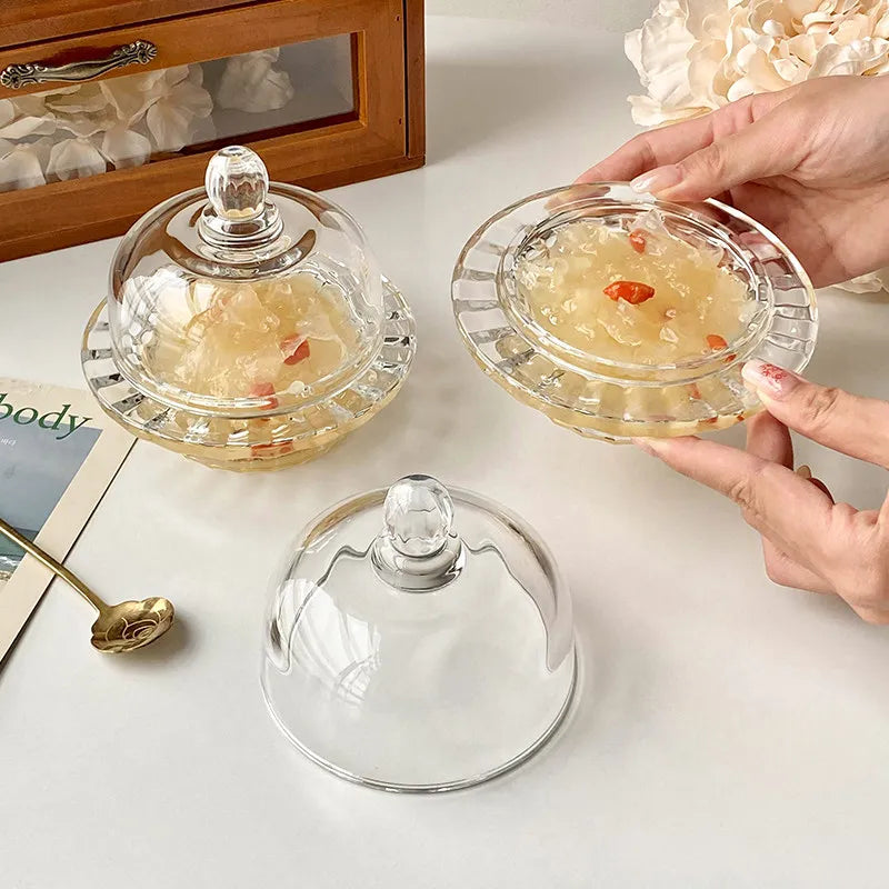 1pcs Chinese Bird's Nest Bowl White Fungus Cup Glass Belt Cover Transparent Delicate High Grade Fruit Dim Sum Dessert Soup Cup Oasis Select
