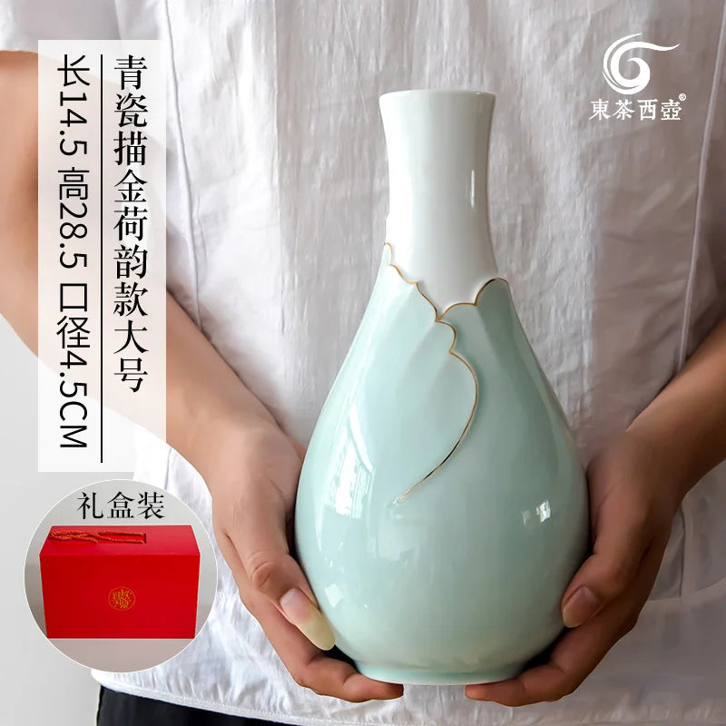 Pocket Horticultural Tabletop Small Vase Flower Path Art Ceramic Kiln Transformation Celadon Hand Drawn Small Vase Oasis Select Large size 28cm