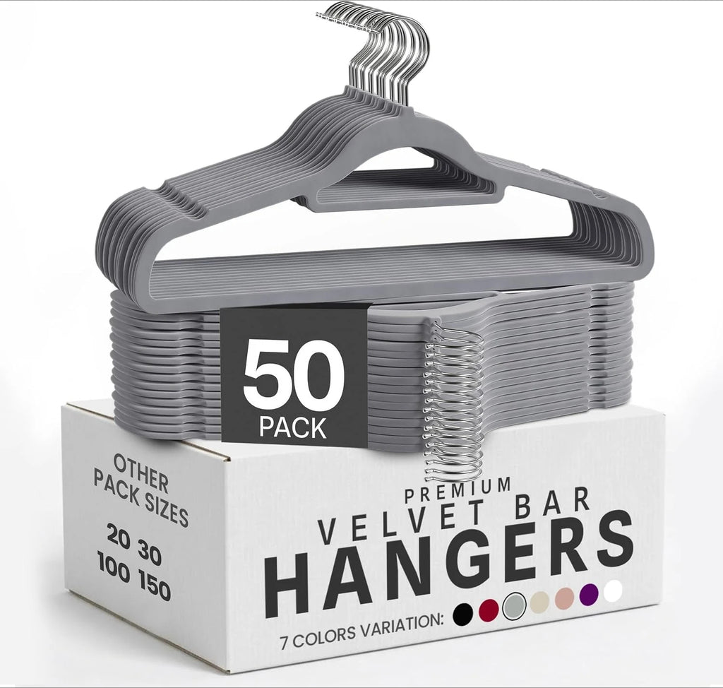 50pcs Velvet Hangers Non-Slip Slim, with Tie Bar&360° Swivel Hook,Heavy Duty Space Saving Coat Clothes Hangers Clothes Organizer Oasis Select 50pcs gray