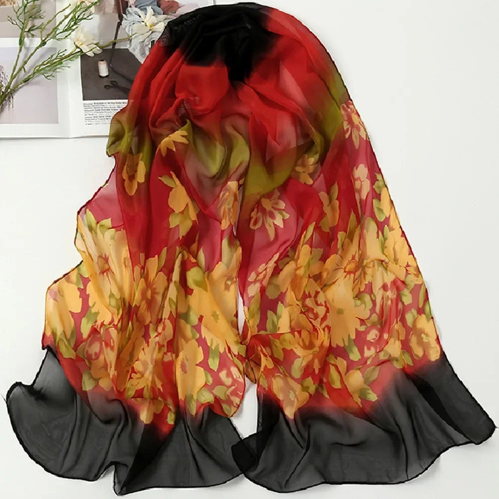 Elegant 160*50cm Chiffon Scarf Sunscreen Gradient Shawl Silk Flower Print Washable Beach Gauze Scarf for Women Oasis Select 12