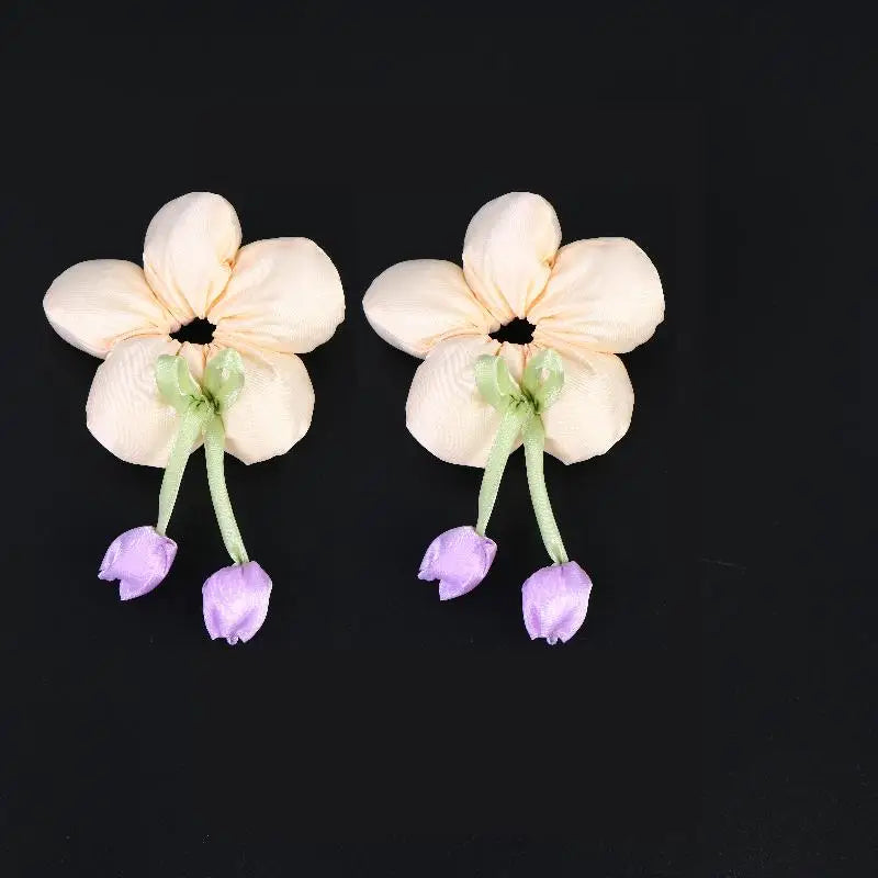 Cute Candy Color Flower Hair Tie Scrunchie Soft Fabric Elastic Ponytail Holder Lovely Hair Accessories For Girls Women Gift Oasis Select 2PCS Beige