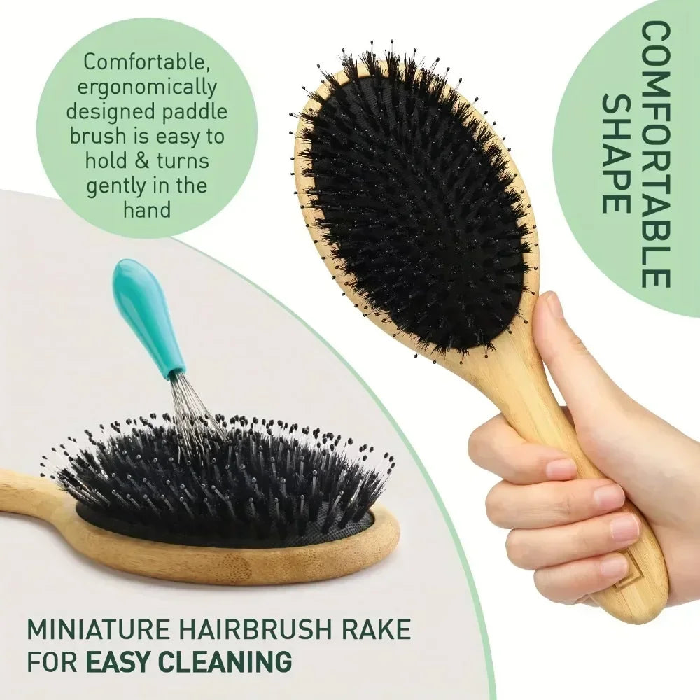 Natural Bamboo Boar Bristle Hair Brush Handle Scalp Massage Comb Anti-static Hair Comb Gasbag Detangling Hair Brush Styling Tool Oasis Select