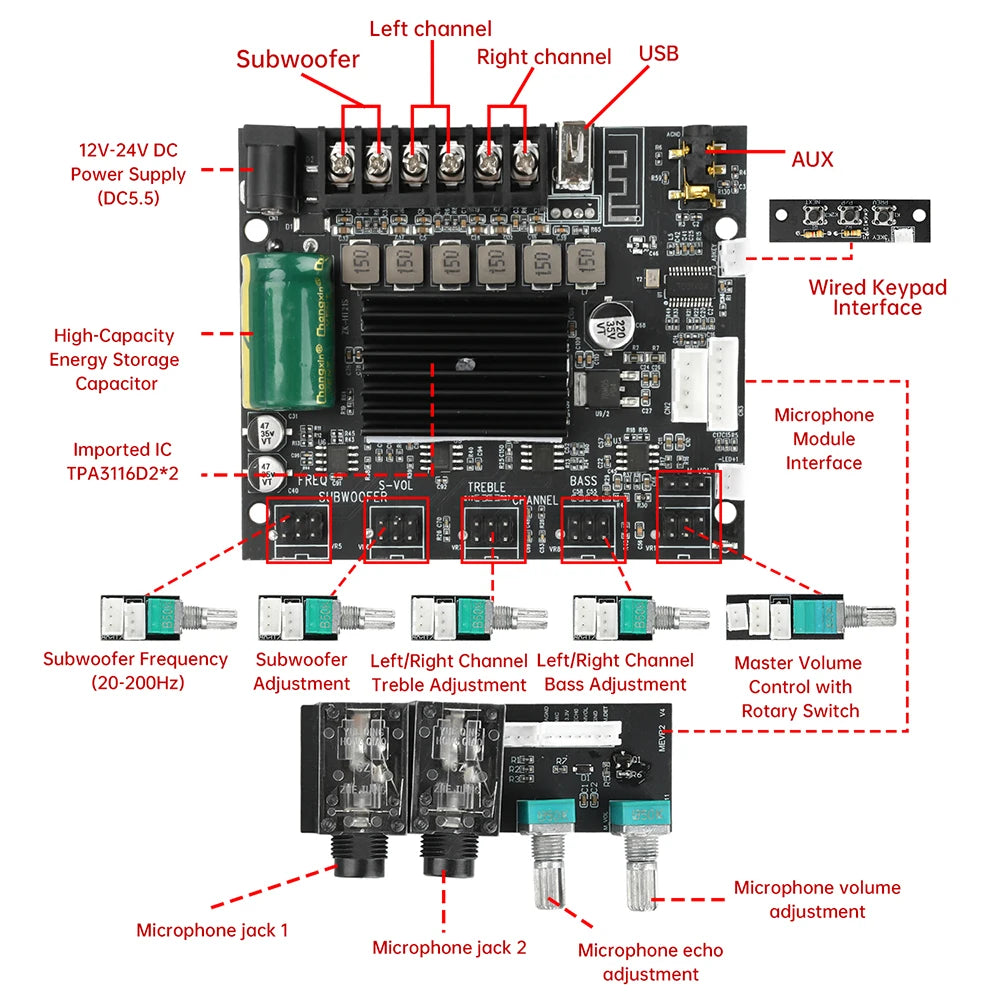 MT21S Bluetooth 2.1 Channel Audio Amplifier Board 50W*2+100W Audio Stereo Amplifier Board with Dual Mic Input Oasis Select