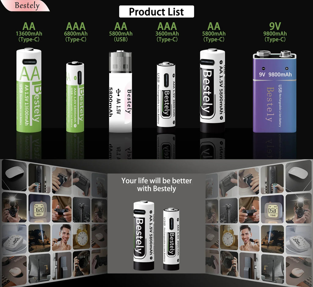 AA AAA Battery 1.5V 5800mAh and 3600mAh Lithium Rechargeable Batteries Fast Charging Li-ion Battery 2000 Cycles Type-C Cable Oasis Select