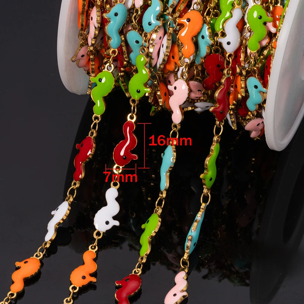 1m Stainless Steels Ocean Animal Oil Drip Chain Enamel Link for Women DIY Crafting Bracelet Jewelry Making Supplies Findings Oasis Select Gold Seahorse