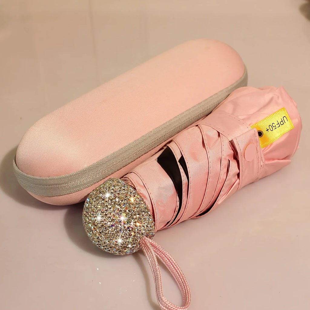Folding Umbrella Sparkling Artificial Rhinestones Outdoor Sunshade UV Umbrella Portable for Both Sunny and Rainy Weather Oasis Select iron 5K pink