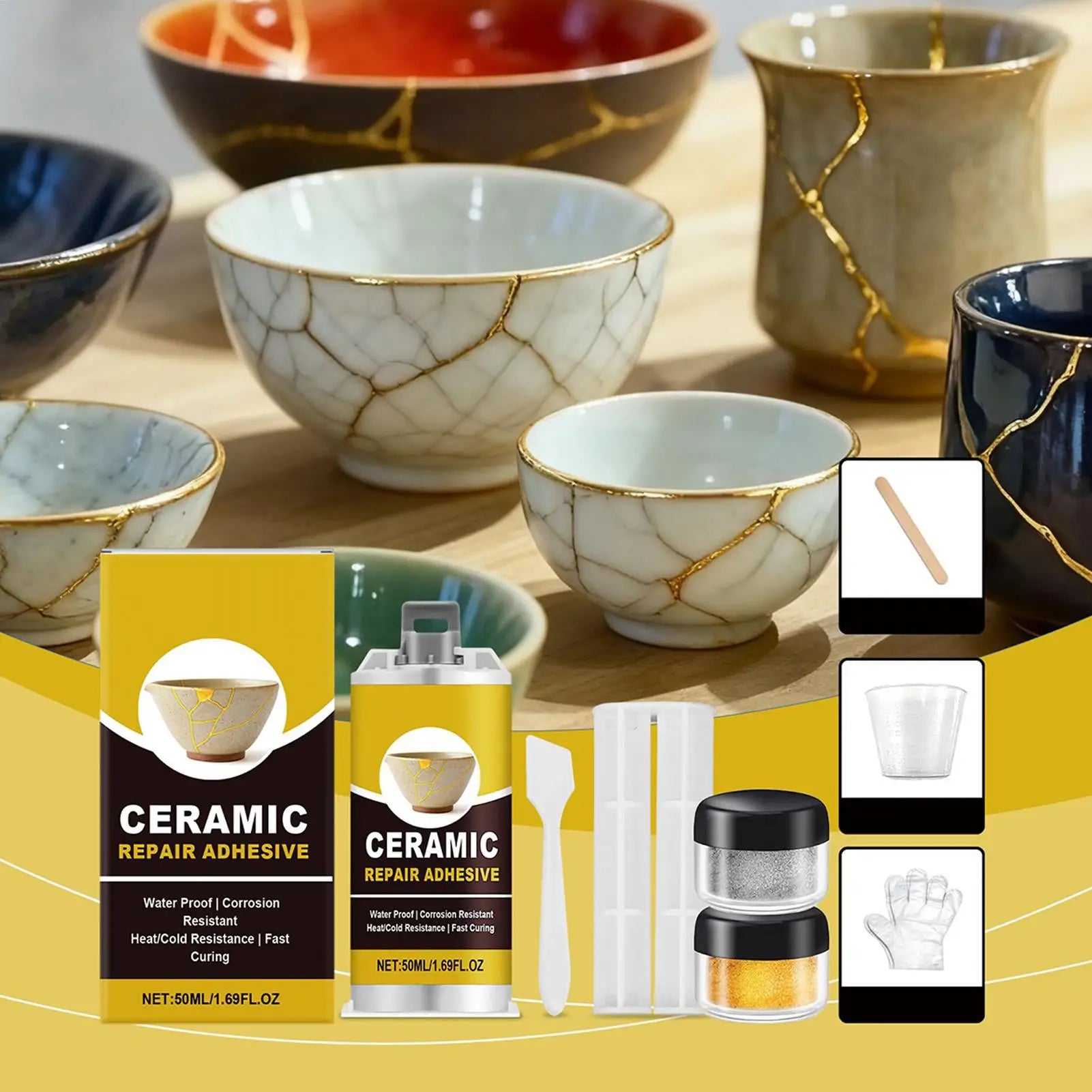 Kintsugi Repair Kit Broken Ceramics Glass Repair Glue Kit Adhesive Food Safe for Bathtub Vanity Plate Art Craft Figurines Oasis Select