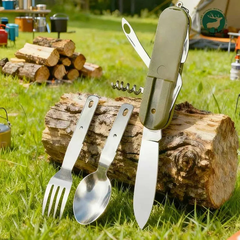 1pcs Outdoor Picnic Portable Tableware Camping Folding Stainless Steel Knife Fork Spoon Bottle Opener Multifunctional Wilderness Oasis Select