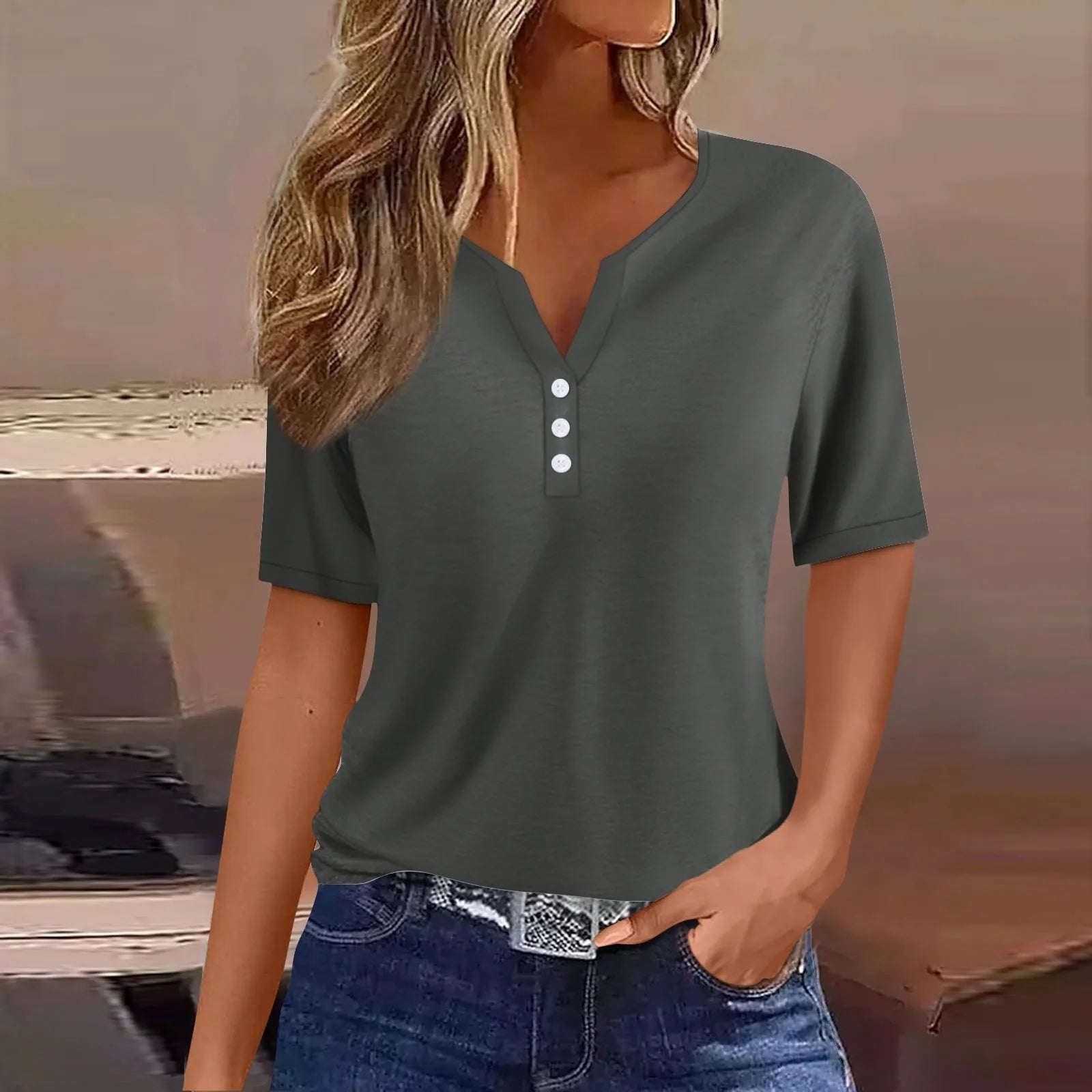 Women Summer Trendy Simple Casual Fashion Button T Shirt V Neck Short Sleeve Solid Loose Pullover Tops Plus Size Ropa De Mujer Oasis Select Gray L