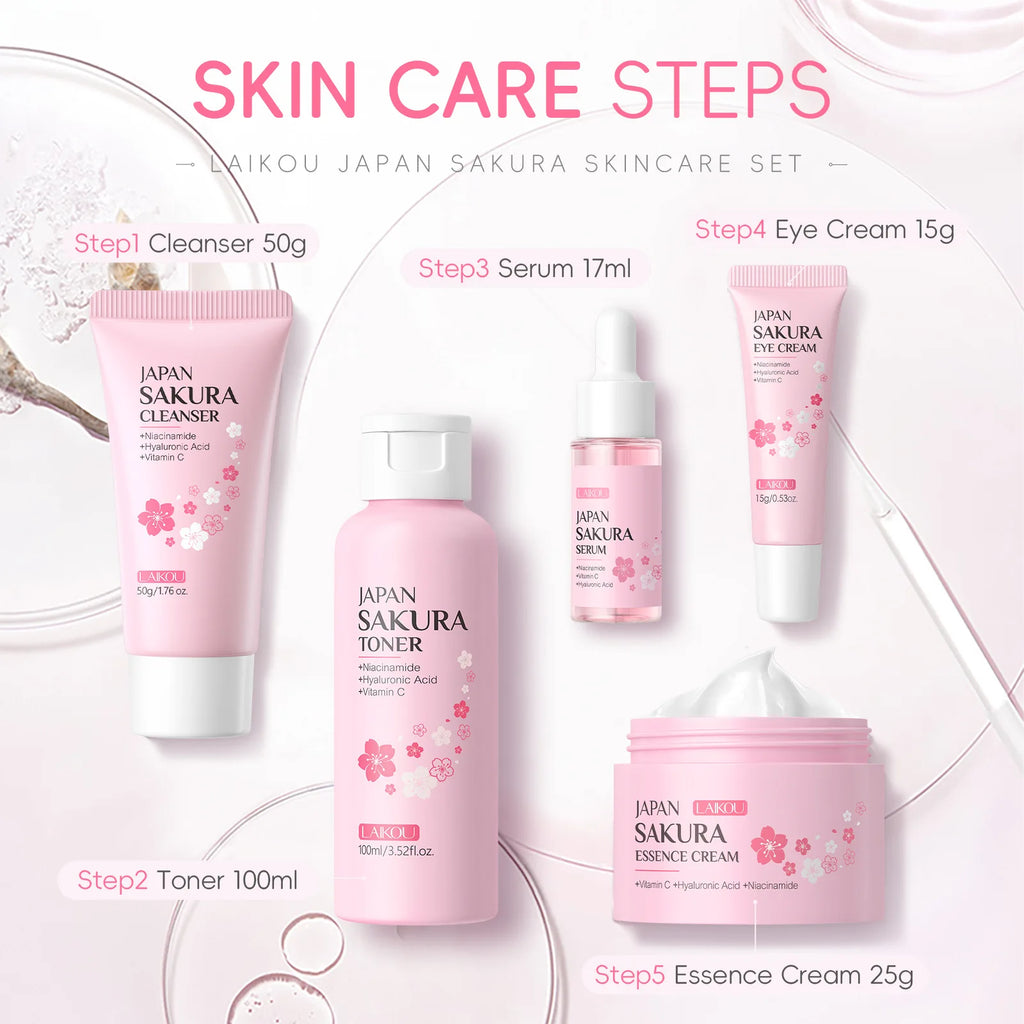 LAIKOU Sakura 5pcs Skin Care Kit Cleanser Toner Serum Eye Cream Essence Cream Moisturizing Beauty Gift Box For Women ﻿ Oasis Select