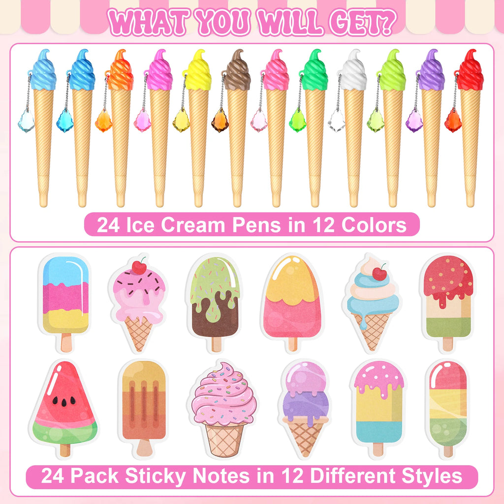 48Pc Ice Cream Cone Pens with Sticky Notes Ice Cream Party Supplies Kit Assorted Summer Fruit Popsicle Stick Back to School Gift Oasis Select