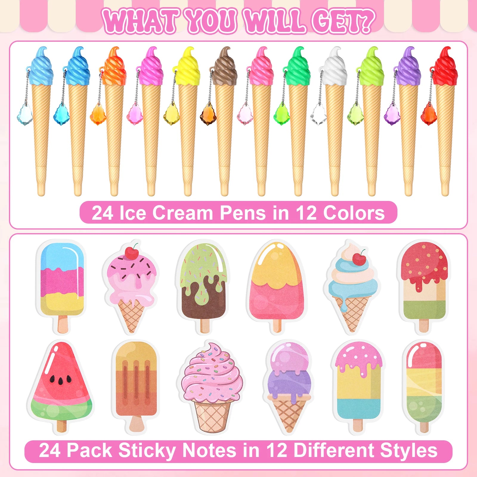 48Pc Ice Cream Cone Pens with Sticky Notes Ice Cream Party Supplies Kit Assorted Summer Fruit Popsicle Stick Back to School Gift Oasis Select