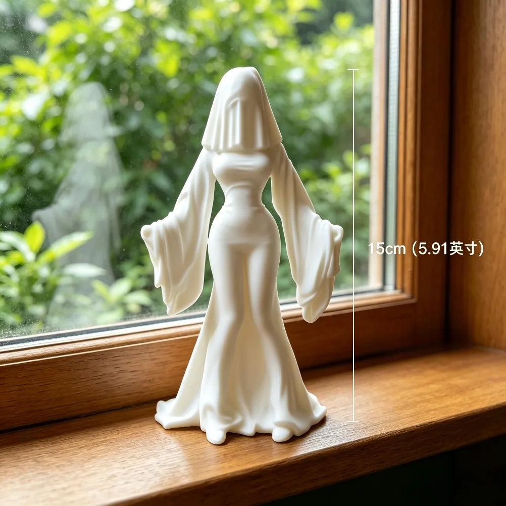 Specter Girl Sculpture 3D Printed Gothic Figurine Long Flowing Cloak Tabletop Decor Gothic Bedroom Halloween Holiday Gift Oasis Select white