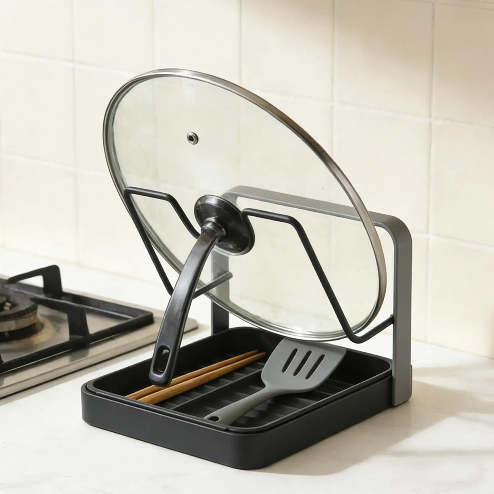 Pot Lid Organizer Anti-Slip Kitchen Storage Stand Kitchen Lid Rack for Pot Pan for Ladle Spatula Spoon Plate Dish Cabinet Oasis Select