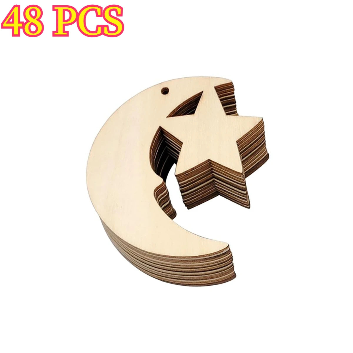24/48 PCS Wooden Moon & Star Ornaments – DIY Hanging Decor with Hemp Rope for Wedding, Christmas, Birthday & Anniversary Oasis Select 48pcs