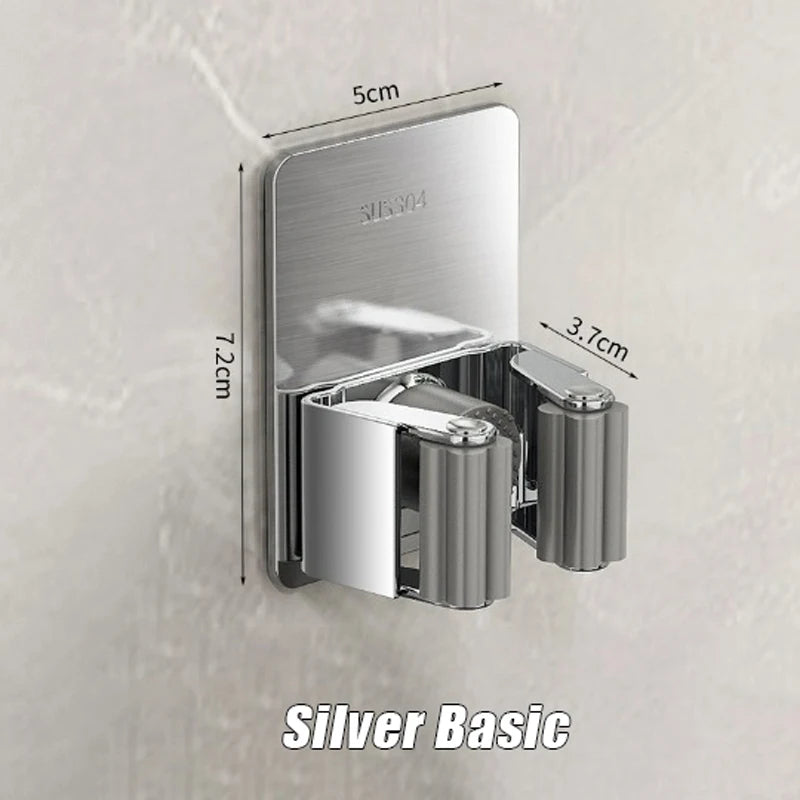 1-3PCS Stainless Steel Household Storage Rack Bathroom Nail-free Hook Wall-mounted Mop Storage Rack Waterproof Broom Rack Oasis Select Silver Basic