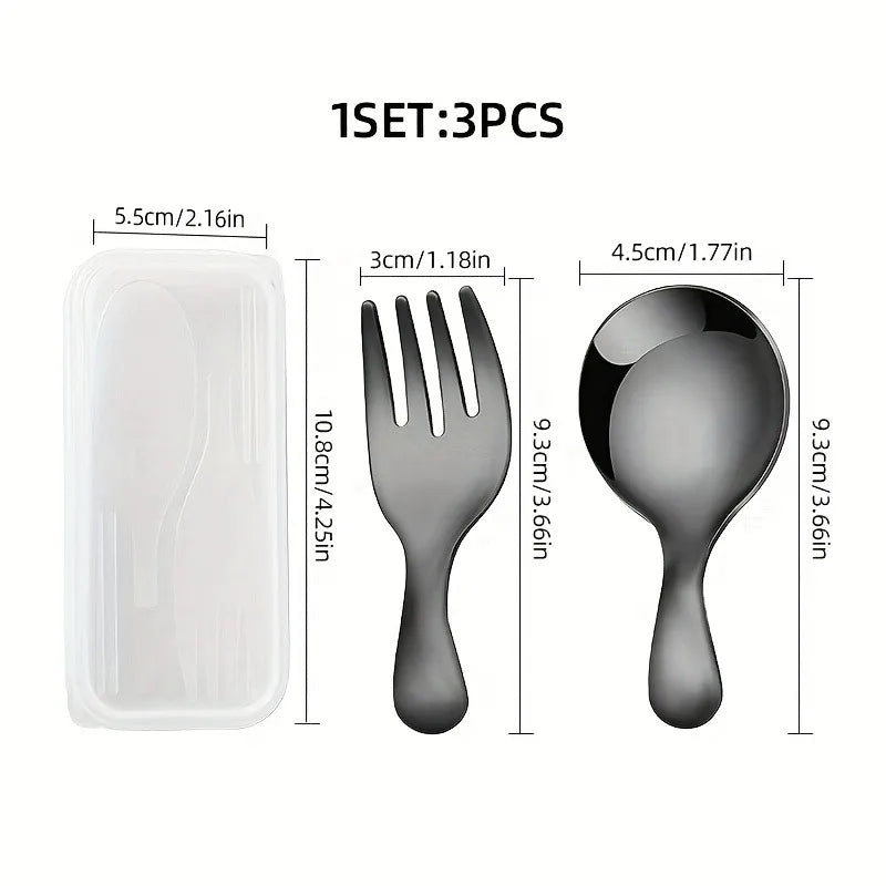 3pcs Portable Cutlery Set, Stainless Steel Short Handle Round Head Spoon, Mini Spoon and Fork Set Boxed Oasis Select black
