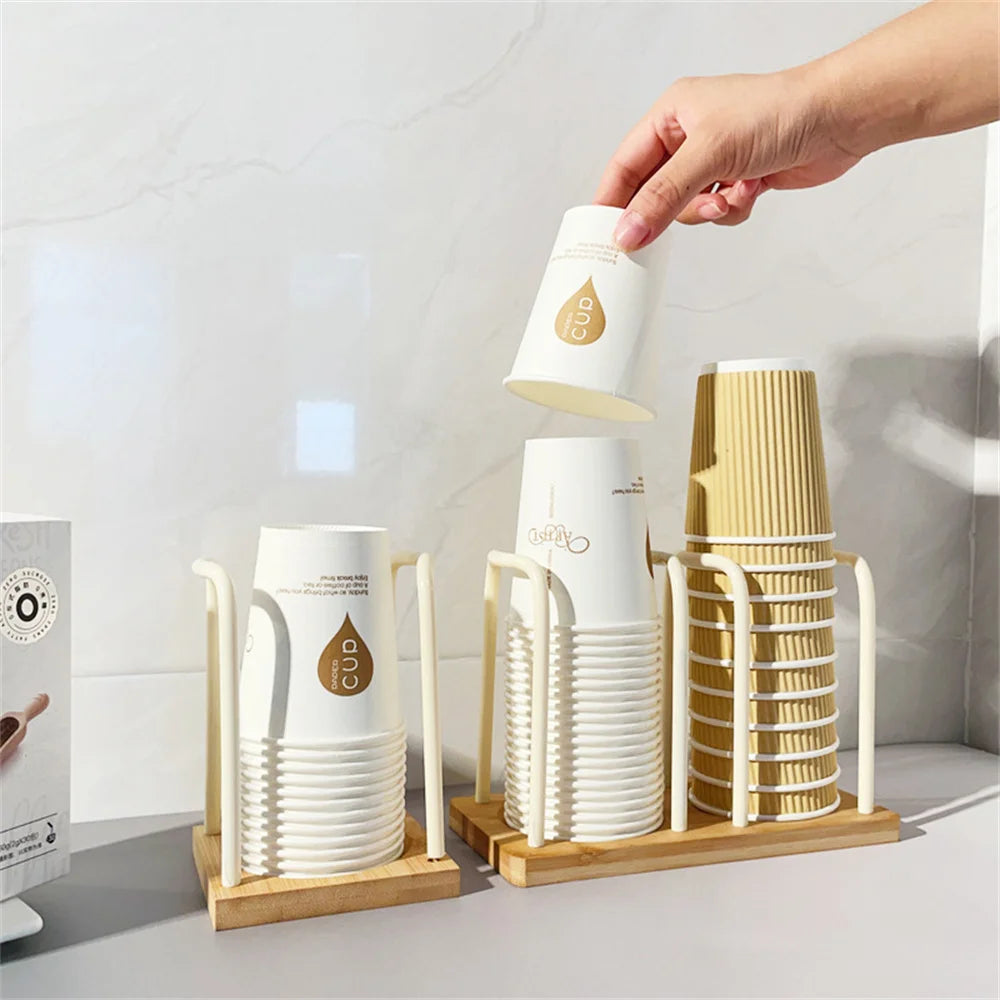 Disposable Cup Storage Holder Wooden Water Cups Dispenser Rack Shelf with Longer Stick Tableware Organizer for Restaurants Bar Oasis Select