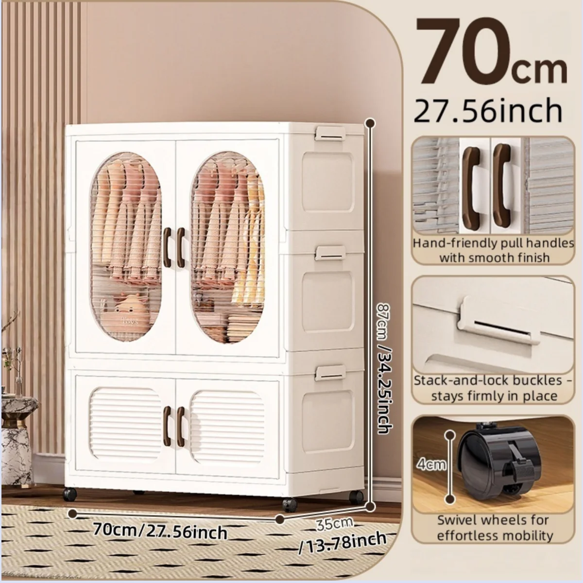 70cm Double-Door Foldable Wardrobe with Wheels - Large Capacity Magnetic Closure Storage for Clothes/Quilts, Bedroom/Living Room Oasis Select 1 cabinet 1 drawer