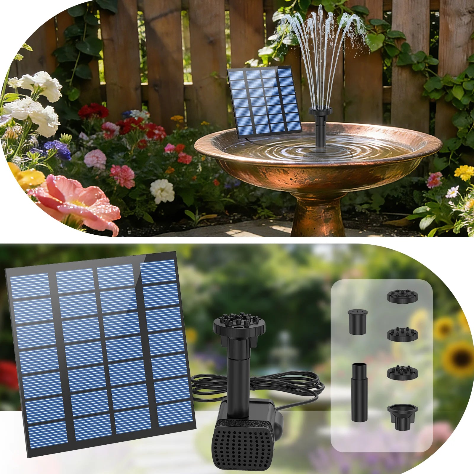 1.8W Split Solar Water Fountain, Powerful Water Pump, with 6 Nozzles and Filter, DIY Water Features, DIY Bird Bath Garden Pond Oasis Select 1.8W