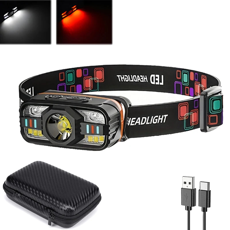 6 Modes LED Headlight Handfress Motion Sensor Powerful Headlamp Head Lamp COB Flashlight Torch Head Light For Camping, Fishing Oasis Select 1PC with Bag