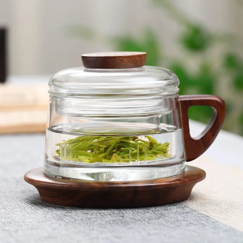 High Borosilicate Glass Teacup with Lid with Filter Cup Tea Heatproof Kung Fu Tea Set Office Teacup for Black Tea, Flower Tea Oasis Select Transparent-set 101-200ml