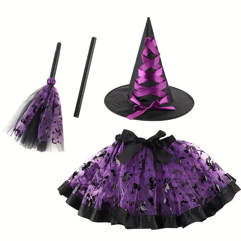 Halloween Pumpkin Dress Set Witch Broom Witch Hat Cover European and American Printed Mesh Dress Set Oasis Select Purple Witch one size fits all