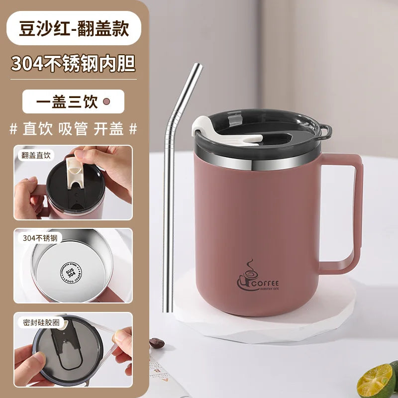 304 Stainless Steel Mug with Lid & Straw, Double-Layered, Suitable for Milk and Coffee, Office Cup with Handle, and Tea Infuser Oasis Select Burgundy 430ml