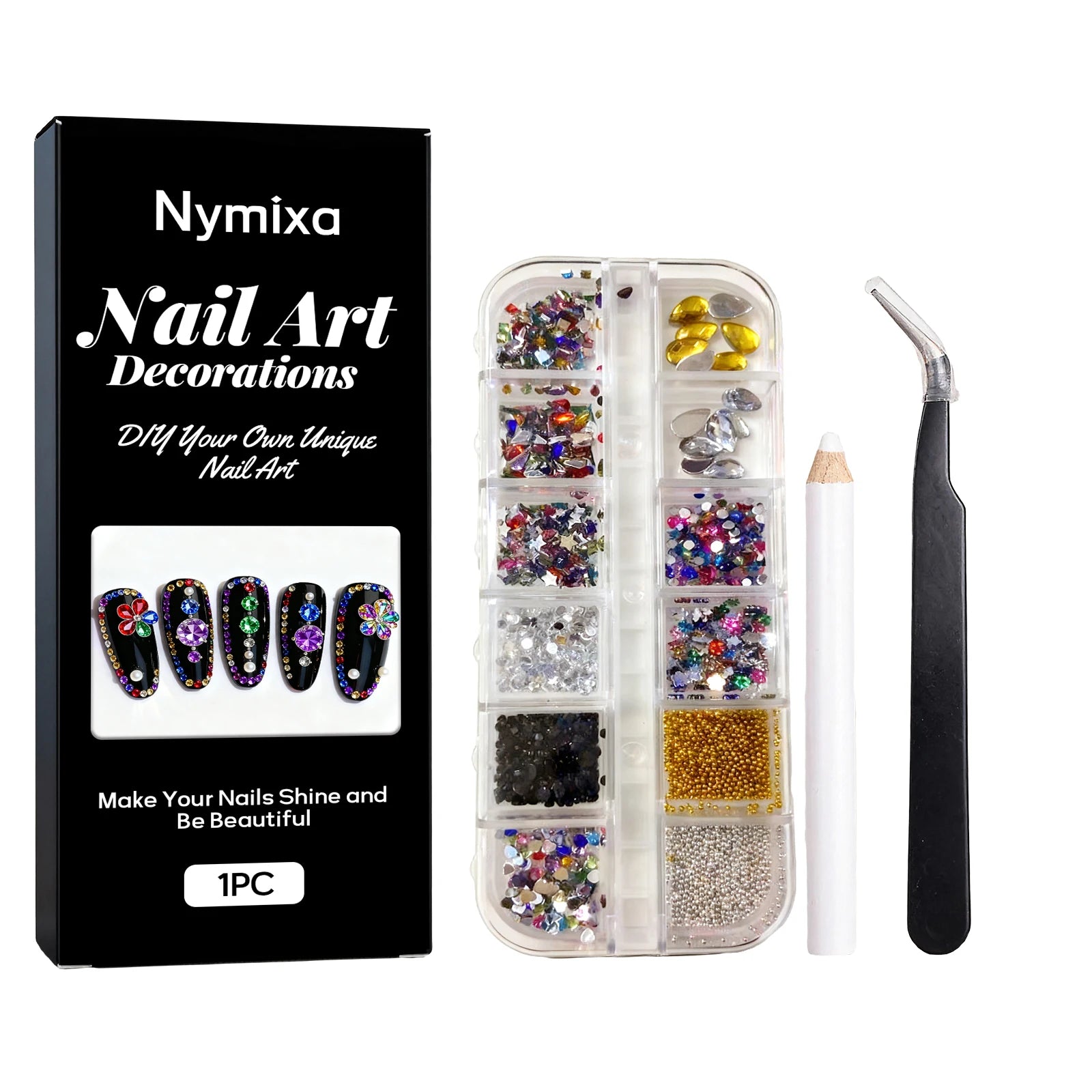 Nymixa 12-Grid Rhinestone & 12-Color DIY Nail Art Pen Set Nail Art Kit Oasis Select Art Rhinestone Set