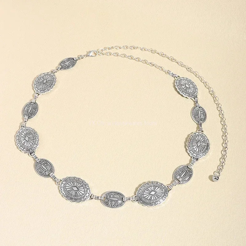 Retro Style Women's Metal Waist Chain - Decorative Circle Carved Chain Belt - High Style Accessories for Dresses & Jeans Oasis Select