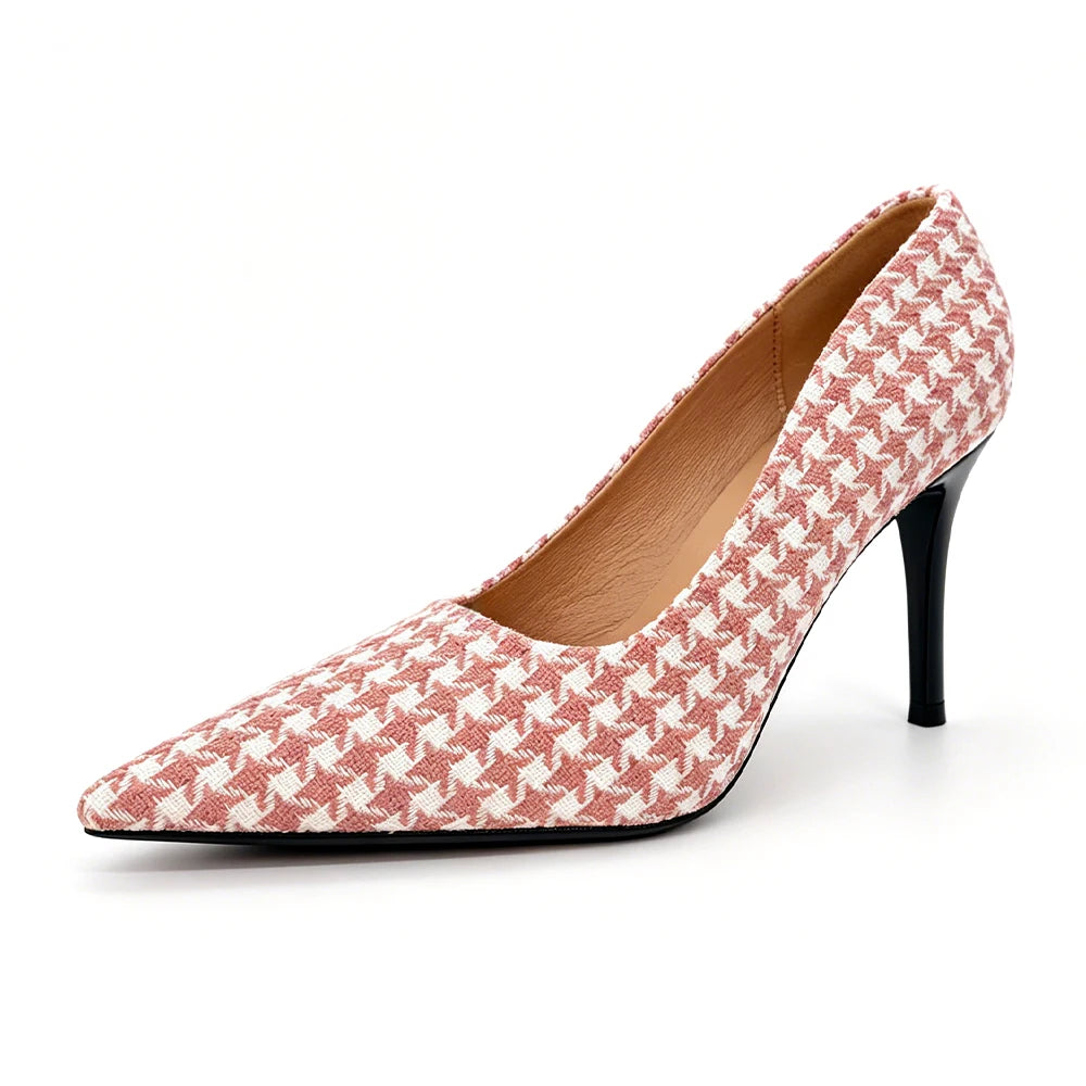 Women Pink Houndstooth Heels 9cm Vintage Plaid Pumps Office Party Shoes Comfortable Non Slip Coquette Ladies Daily Wear Fashion Oasis Select