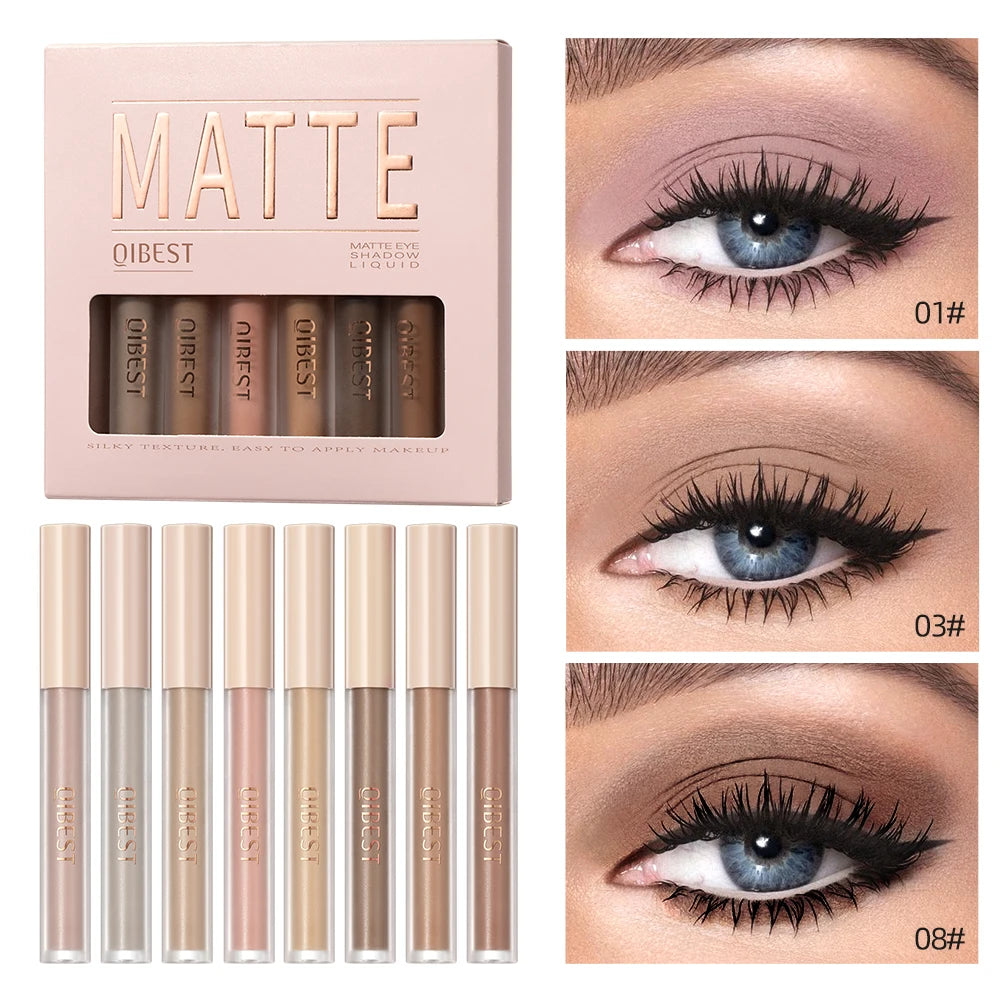 QIBEST 8-Color Matte Liquid Eyeshadow Set – Waterproof & Long-Lasting