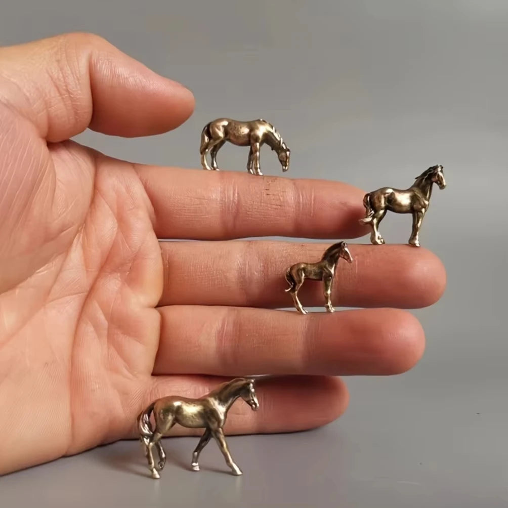 Miniature Antique Brass Long Tail Horse Figurines Feng Shui Ornament Copper Zodiac Animal Mini Desktop Crafts Home Decor gifts Oasis Select