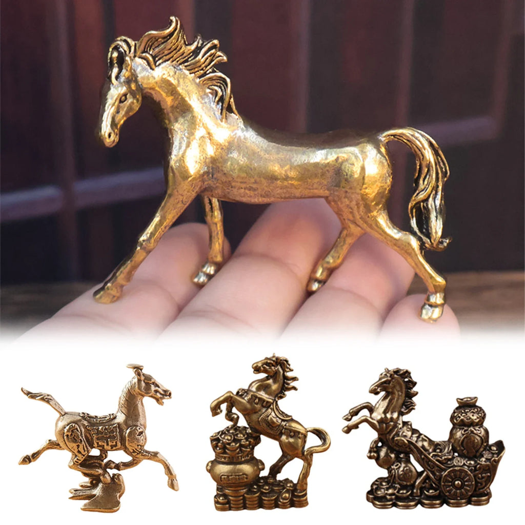 Brass Horse Figurines Chinese New Year Zodiac Horse Ornament Feng Shui Lucky Statue Home Office Desktop Decoration Crafts Oasis Select