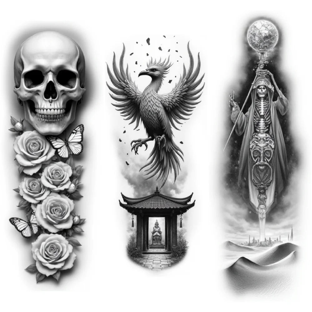3-Pack Waterproof Temporary Tattoos – Butterfly, Skull & Rose