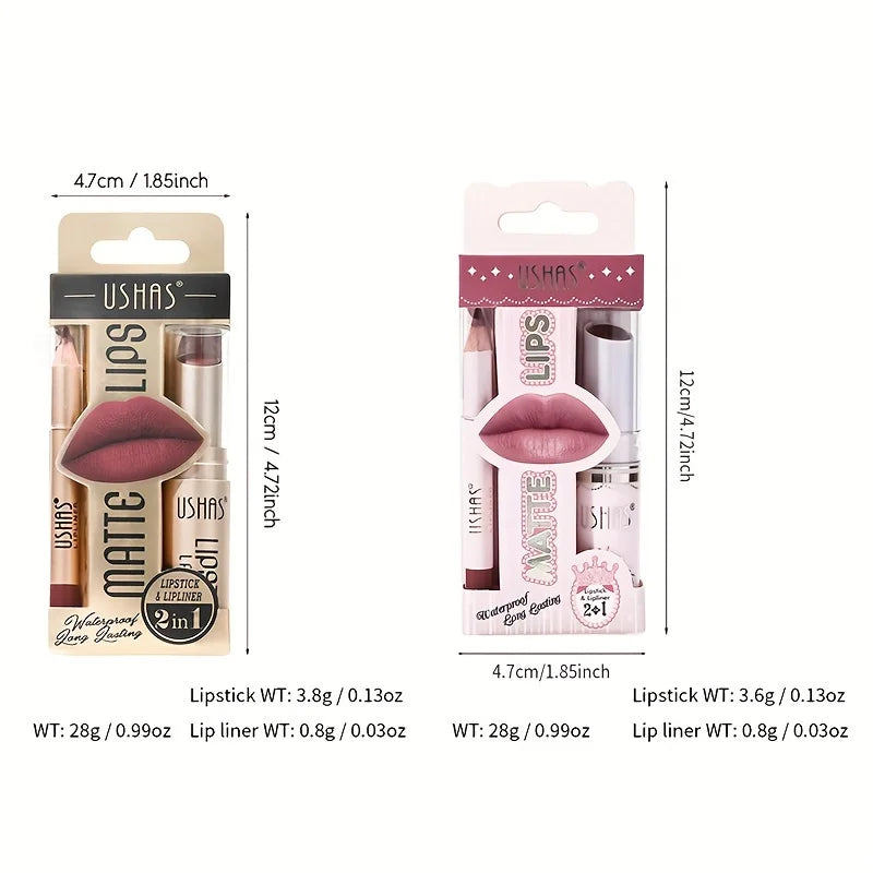 USHAS 12-Color Matte Lipstick & Lip Liner Set – Waterproof