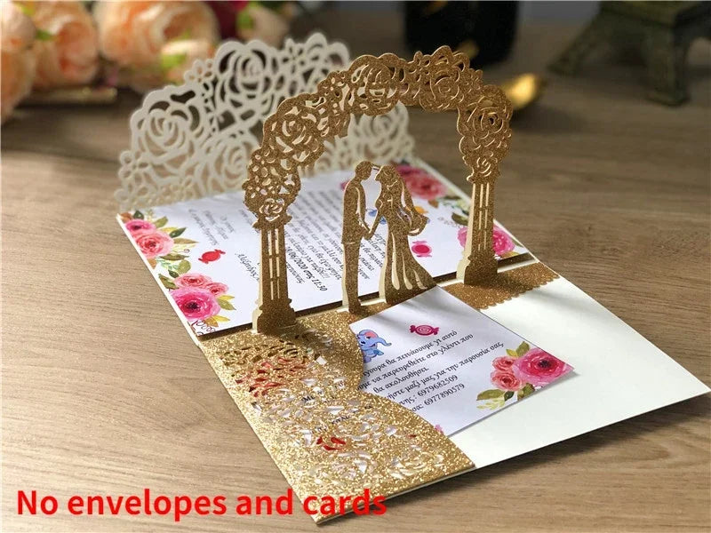 3D Bride and Groom Rose Gold Pop Up Wedding Invitations Laser Cut Greeting Cards Envelope Bridal Shower Invitation Cards Oasis Select Glitter-Champagne