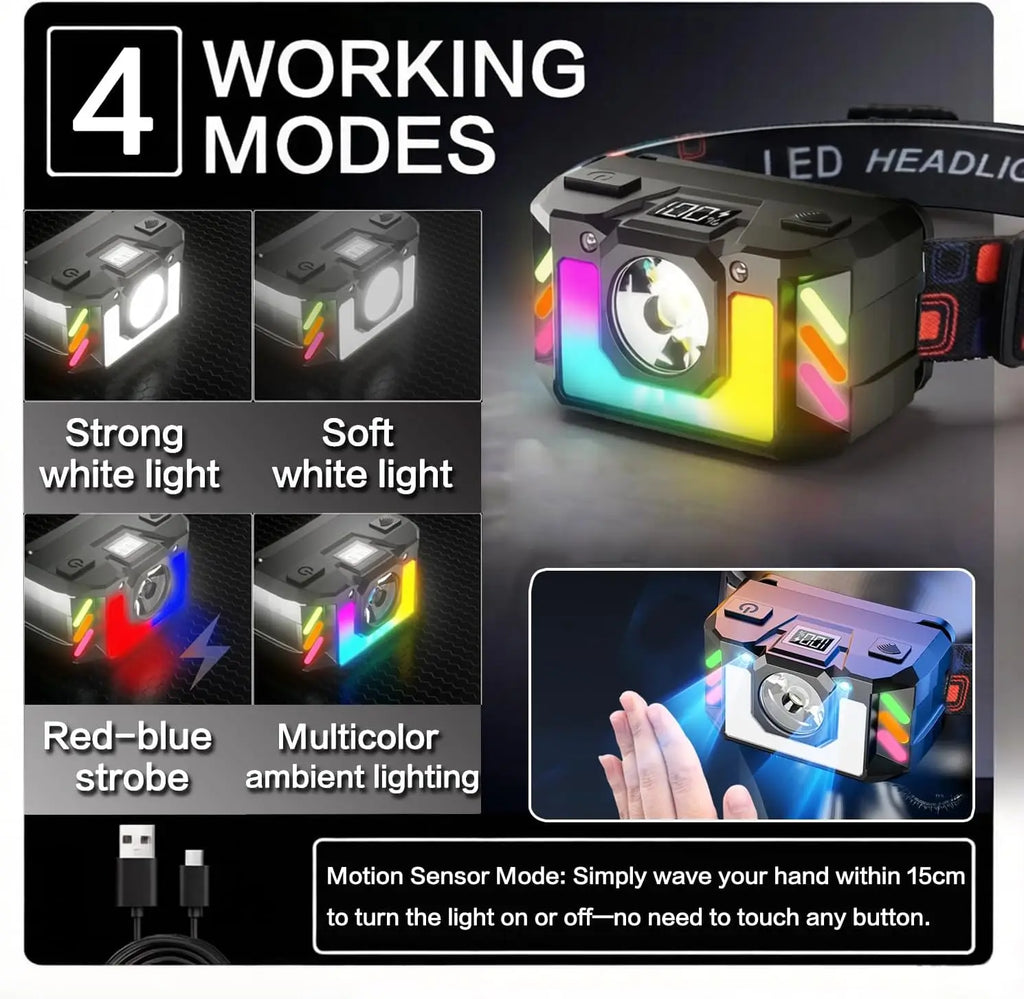Rechargeable LED Headlamp, Super Bright Head Torch with 4 Modes and Multicoloured RGB Lighting, Sensor Control, Lightweight Oasis Select