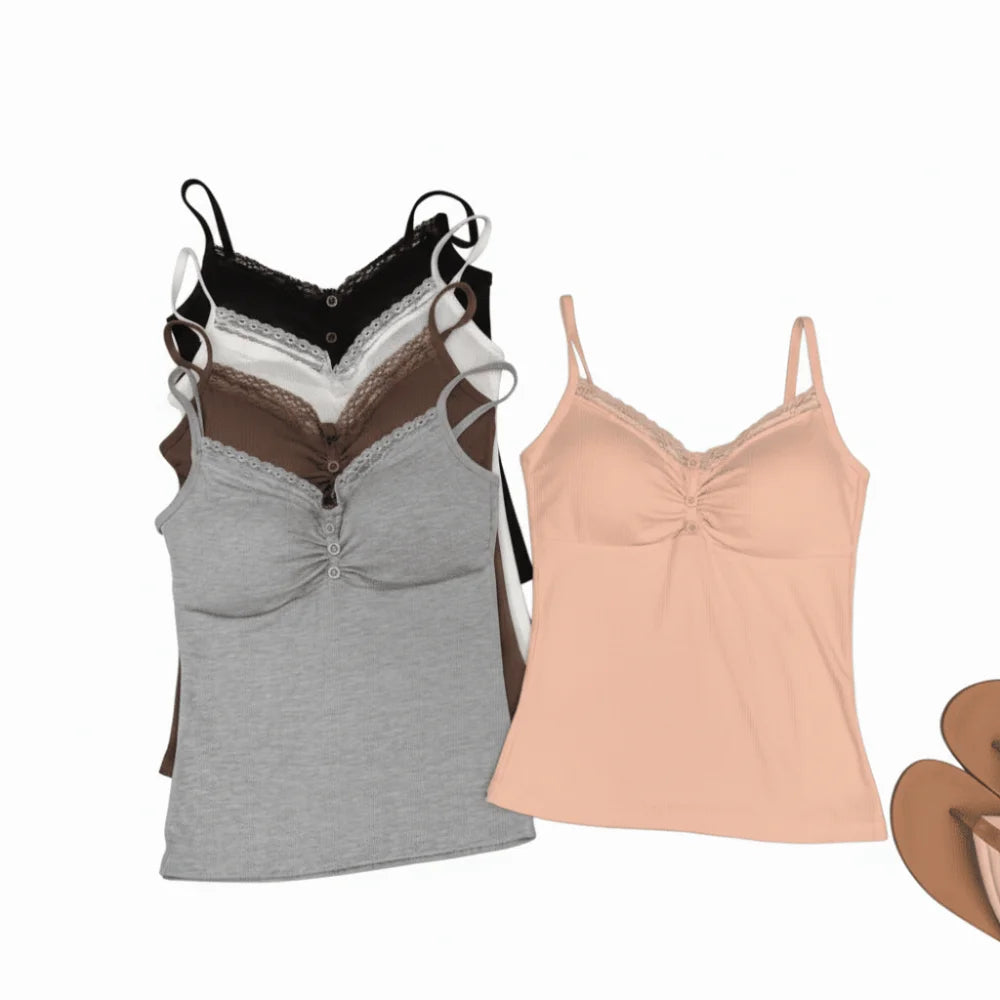 Casual Slim Fit Lace Trim Vest Short with Chest Pad V Neck Top Button Front Sleeveless Top Women Oasis Select