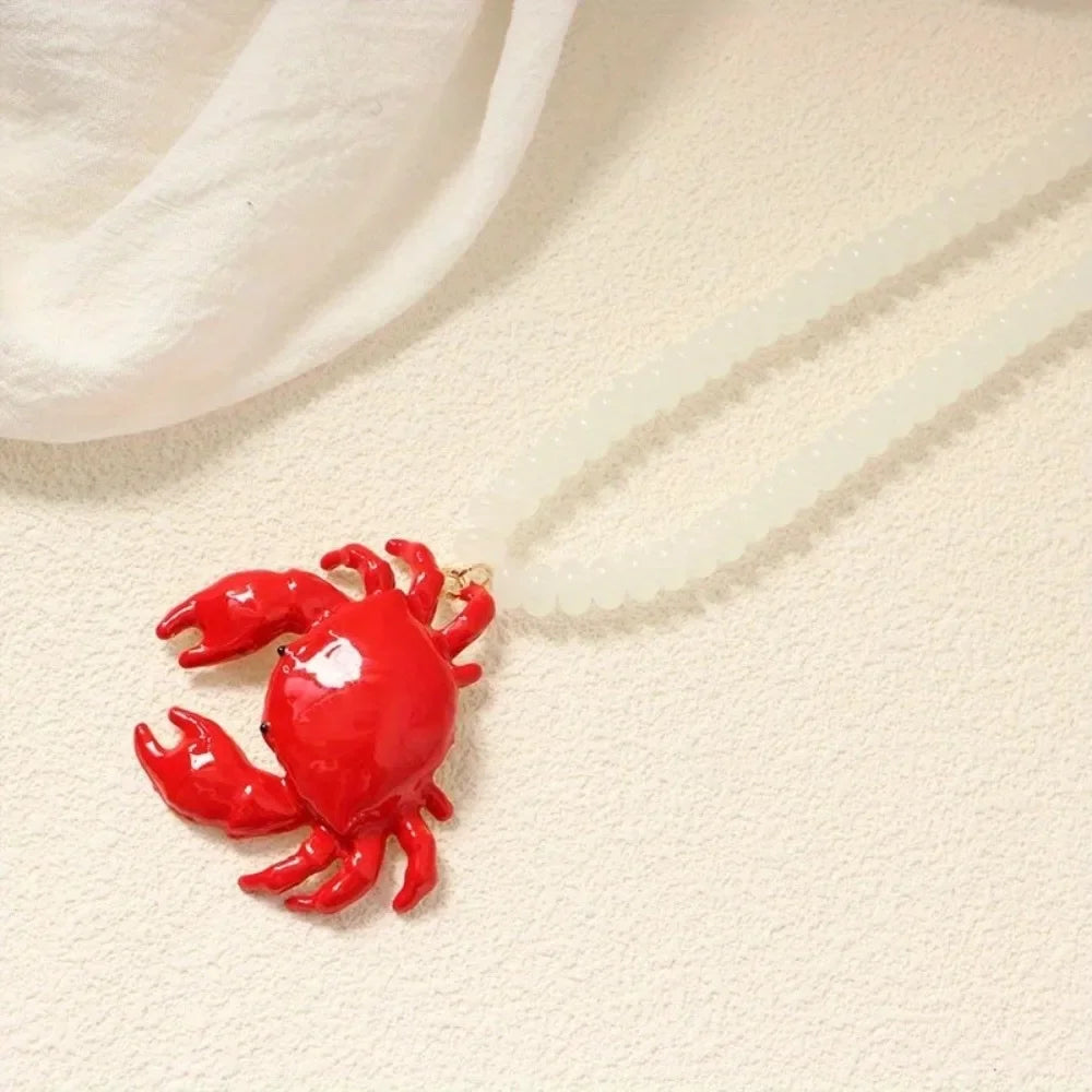 New Beaded Pendant Crab Necklace Childishness Design Enamel Crab Handmade Necklace Boho Style Boho Necklace Summer Accessory Oasis Select White