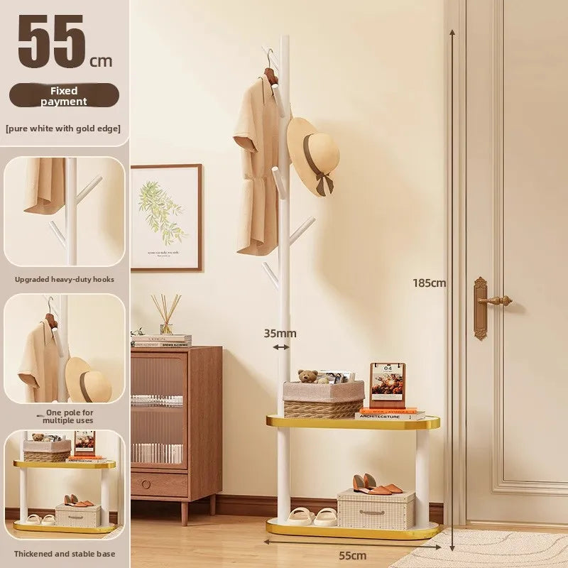 Multi-functional Bedside coat rack living room solid wood hanger double storage home floor hanger bedroom Oasis Select White-D