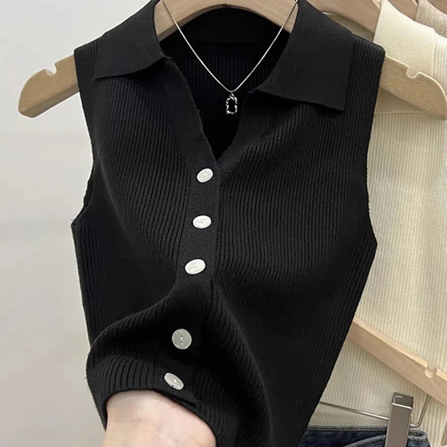 Lapel Ice Silk Slim Fit Vest for Women Summer Early Fall Thin Knit Tank Top Sleeveless Short Sleeve Casual Layering Outwear Oasis Select One Size Green 1