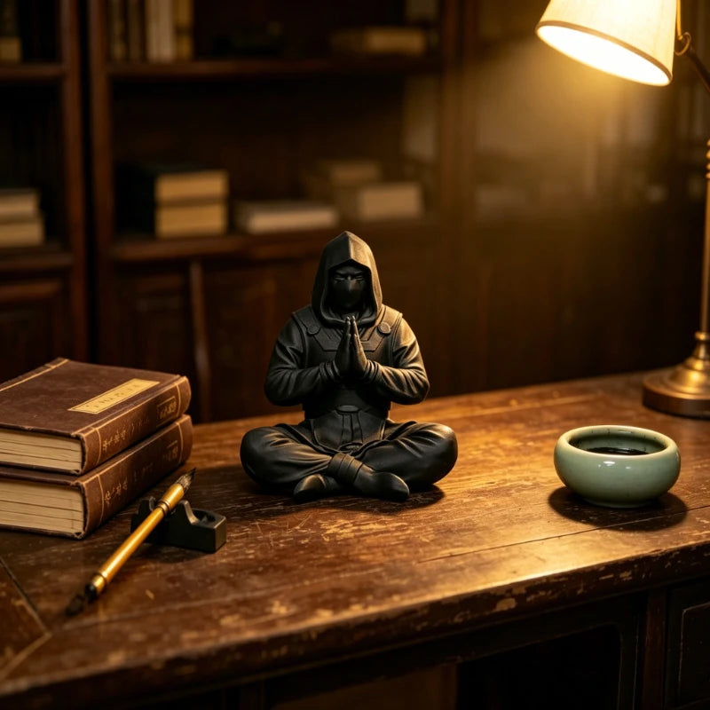 Mysterious Black Ninja Figurine 3D Printed Meditating Pose Desk Hooded Meditating Car Dashboard Ornament for Home & Office Gifts Oasis Select