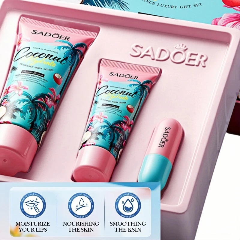 Sadoer Coconut Gift Set – Body Lotion, Hand Cream & Lip Balm