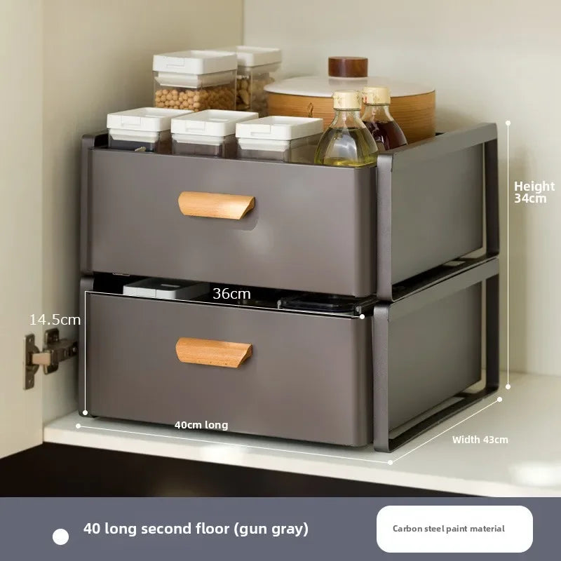 Multi-functional Kitchen Lower Sink Shelf Seasoning Dishes Pull-out Storage Box Sink Storage Rack Cabinet Pull Basket Layer Rack Oasis Select Grey A-2-40