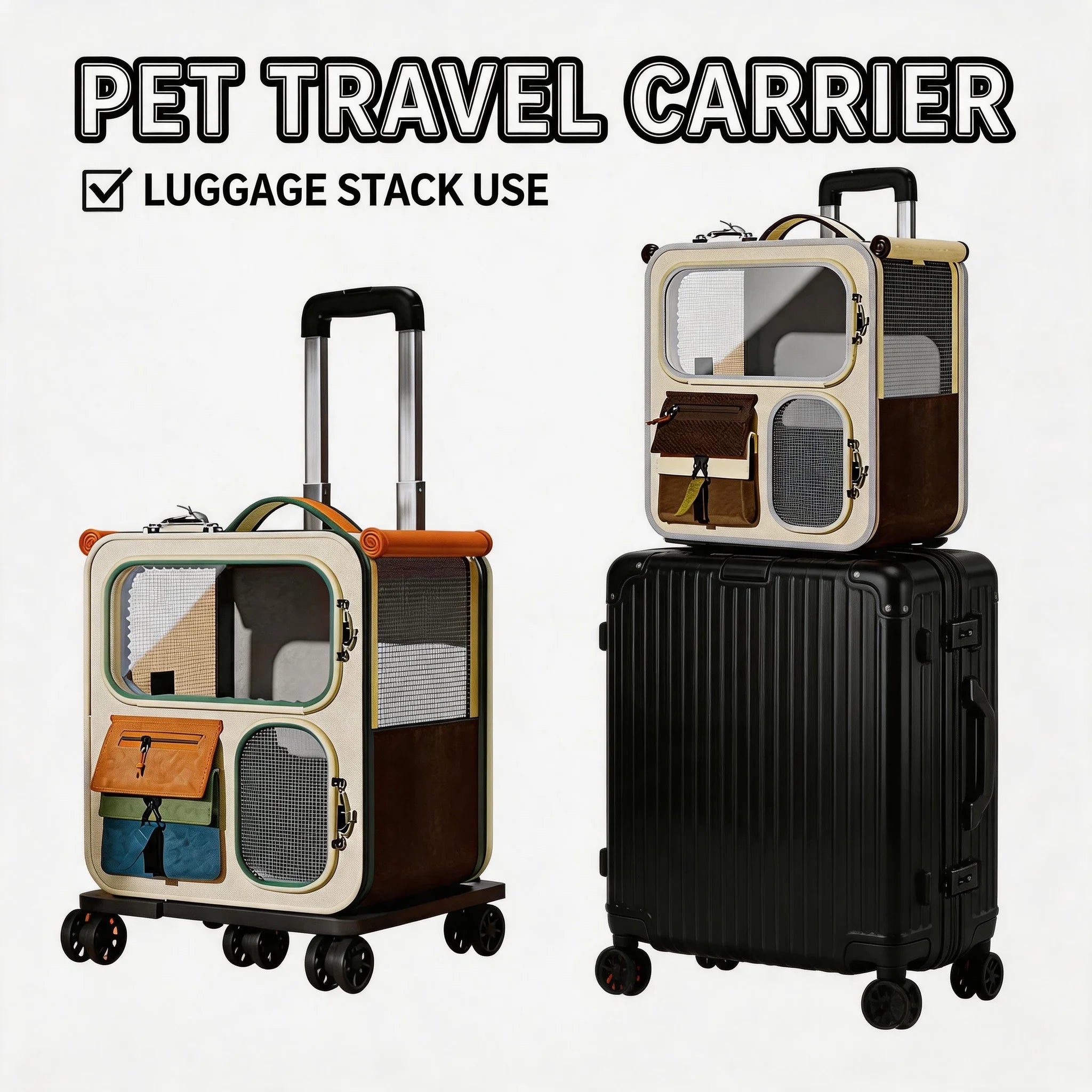 Durable Foldable Rolling Cat Carrier with Wheels for Large Cats Small Dogs Up To 25 LBS Travel Walking Camping Handbag Dog Bag Oasis Select
