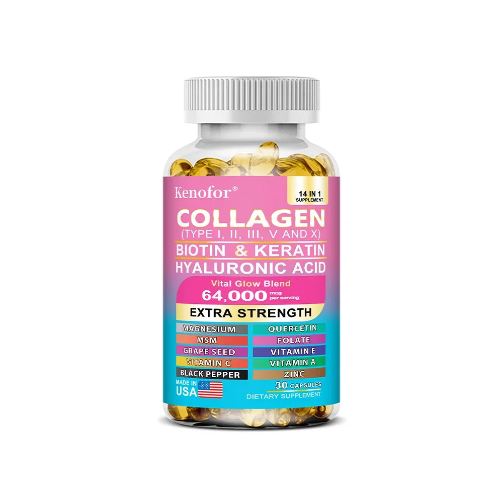 Multi Collagen Capsules - Types I, II, III, V & X Biotin Keratin Hyaluronic Acid MSM Zinc Magnesium,Hair Skin and Nails Vitamins Oasis Select 30count-1 bottle