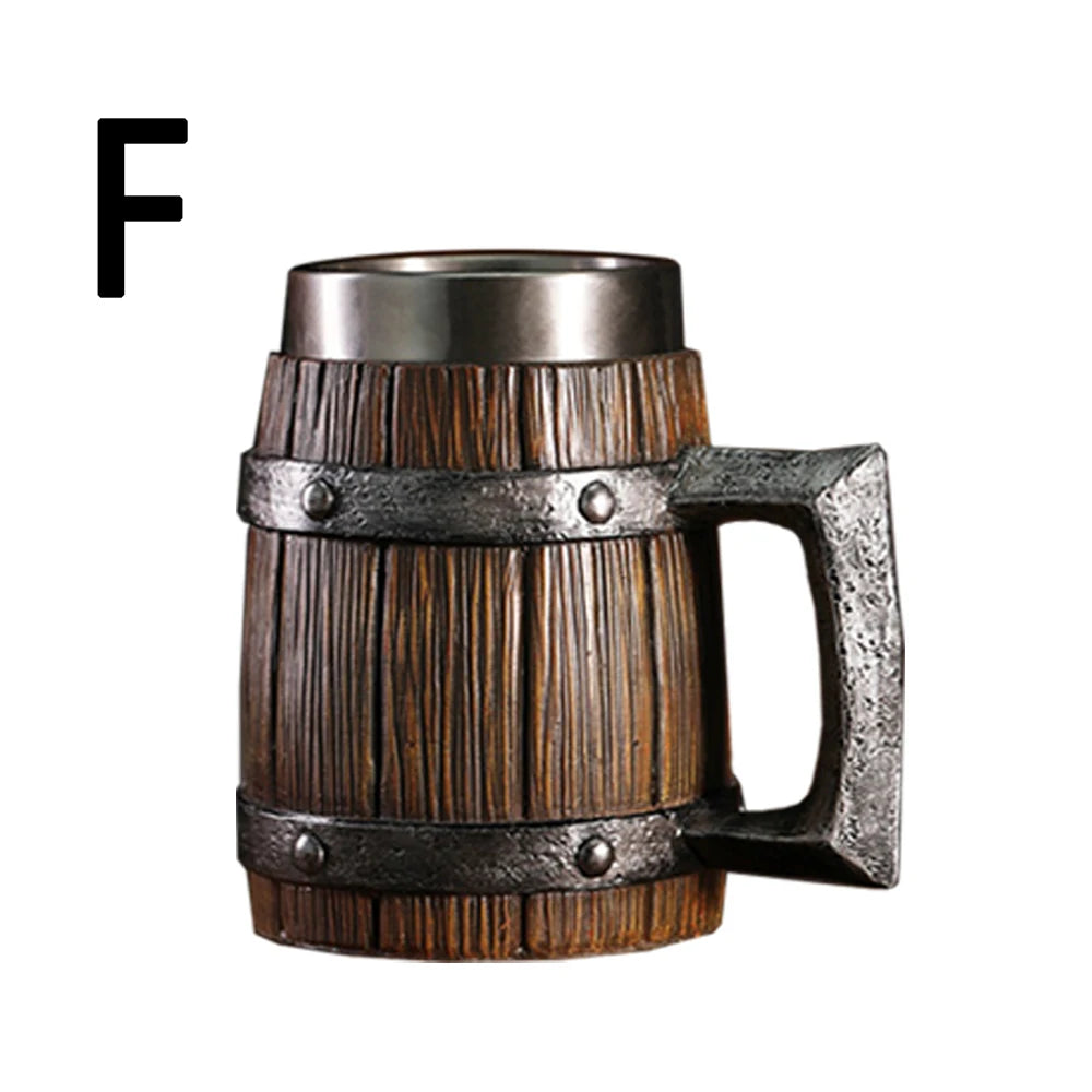 Wooden Barrel Beer Cup Stainless Steel Coffee Mug Viking Style Vintage Beer Mug Double Wall Drinking Cup Halloween Bar Drinkware Oasis Select F 600ml