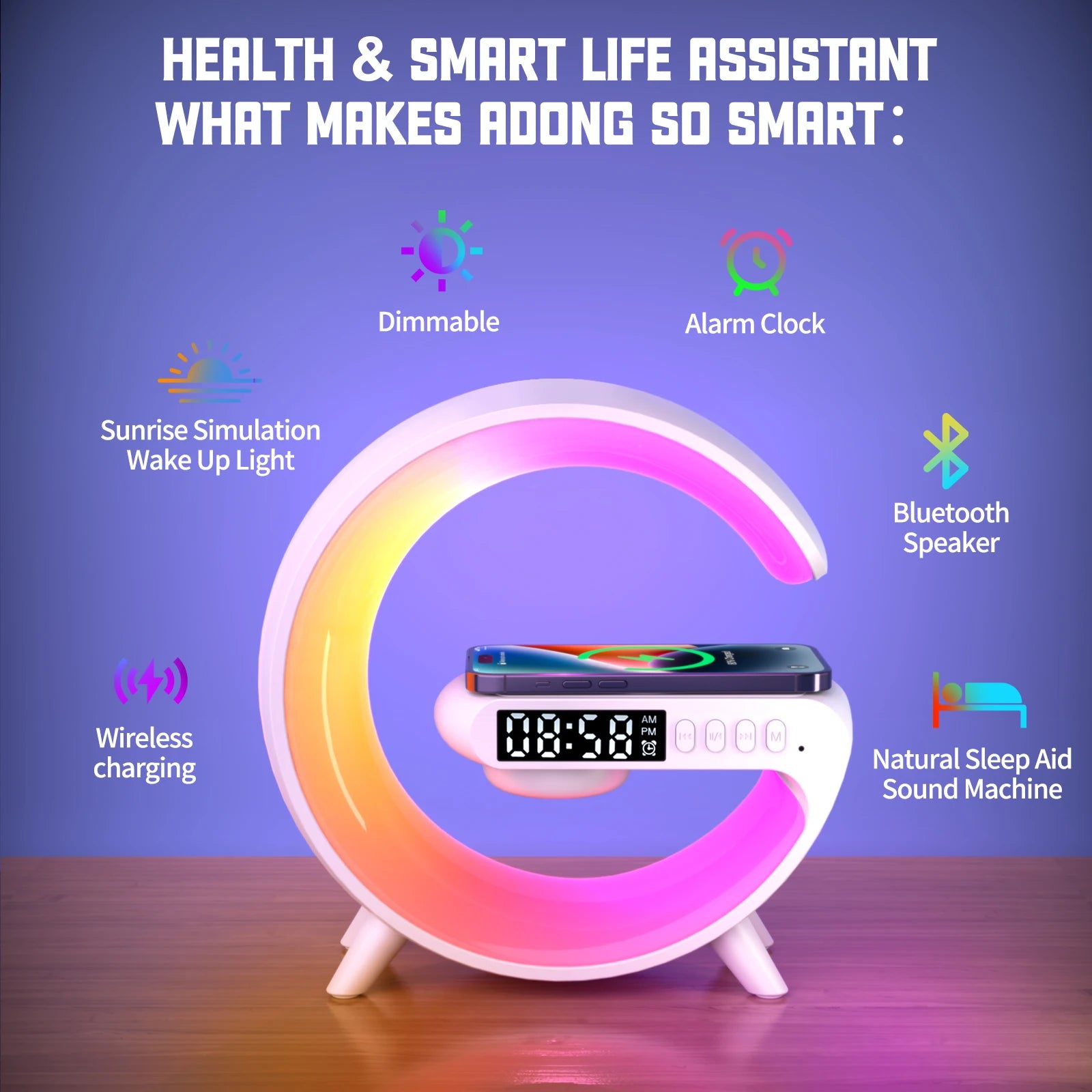 Small RGB Wireless Charger Smart Wireless Bluetooth Speakers Sunrise Alarm Clock & Wake Up Light 15W Fast Charging Dock Station Oasis Select